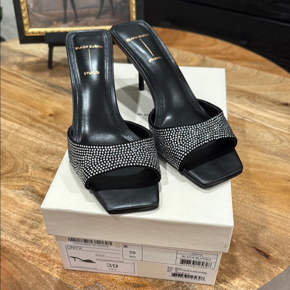 Onyx Black Satin and Clear Stones Heels